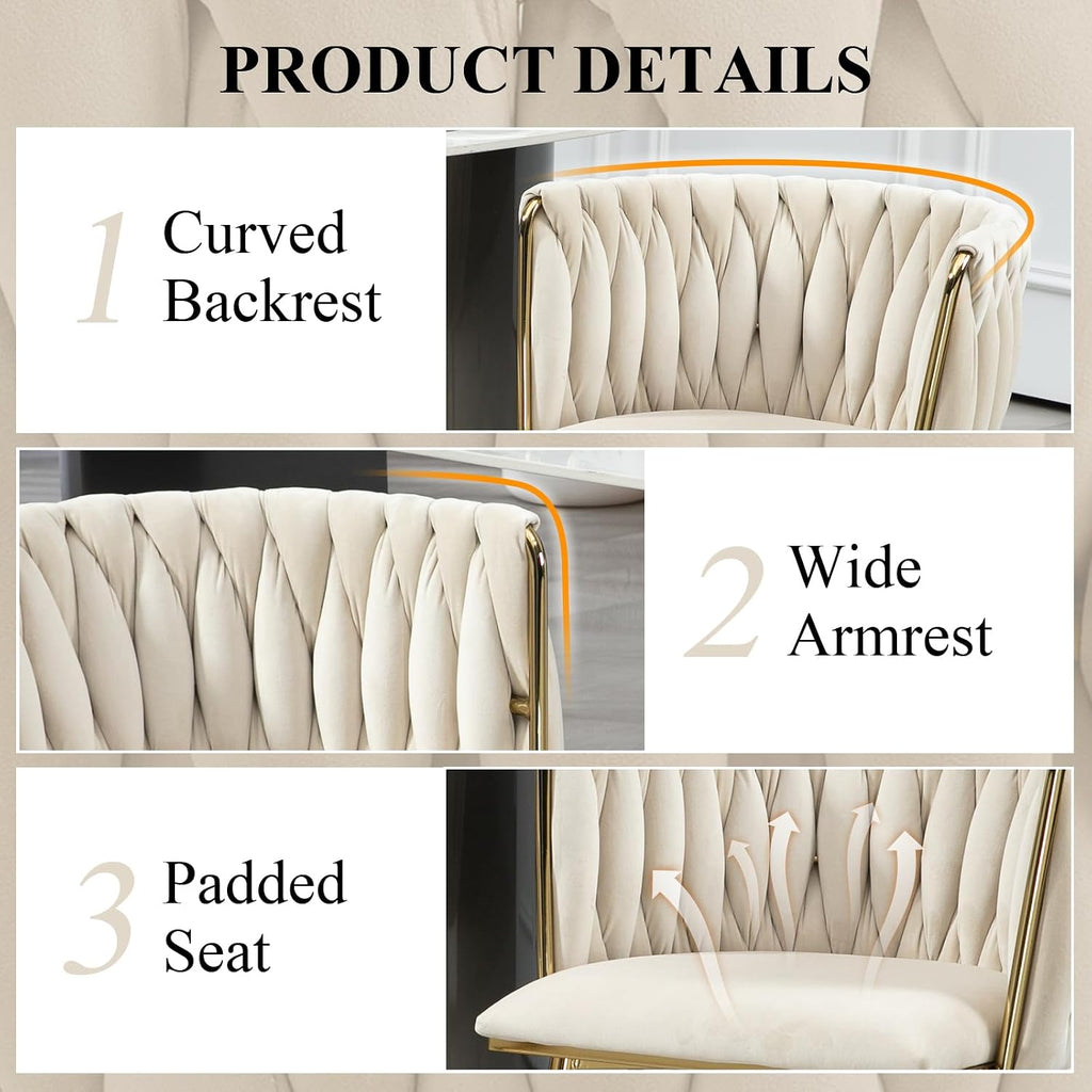 NIOIIKIT Modern Velvet Dining Chairs Hand Weaving Accent Chairs Living Room Chairs Upholstered Side Chair with Golden Metal Legs for Dining Room Kitchen Vanity Living Room (Ivory) (Set of 2)