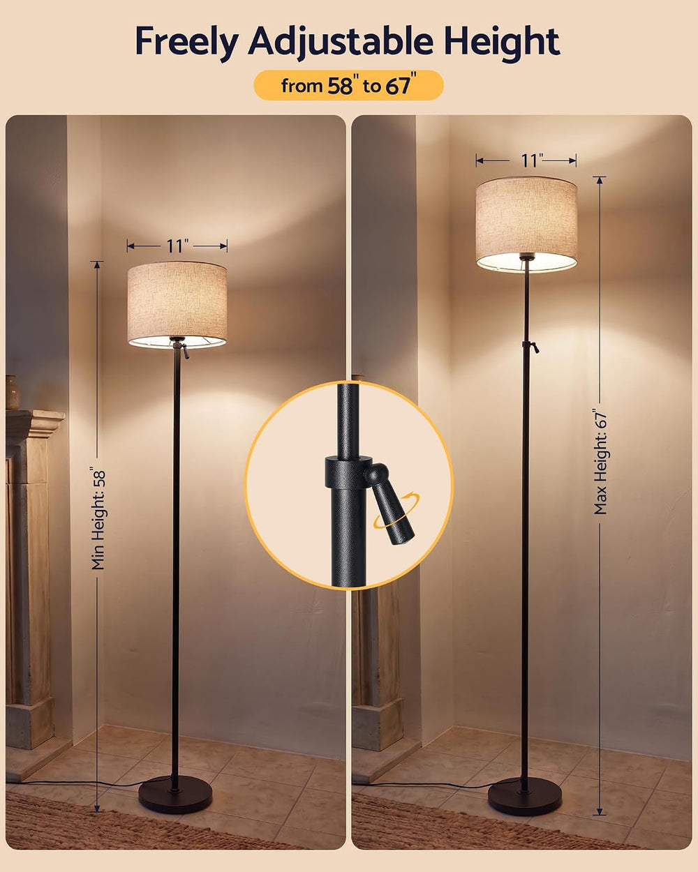 Adjustable Height Floor Lamp for Living Room with 9W LED Bulb & Remote, ETL