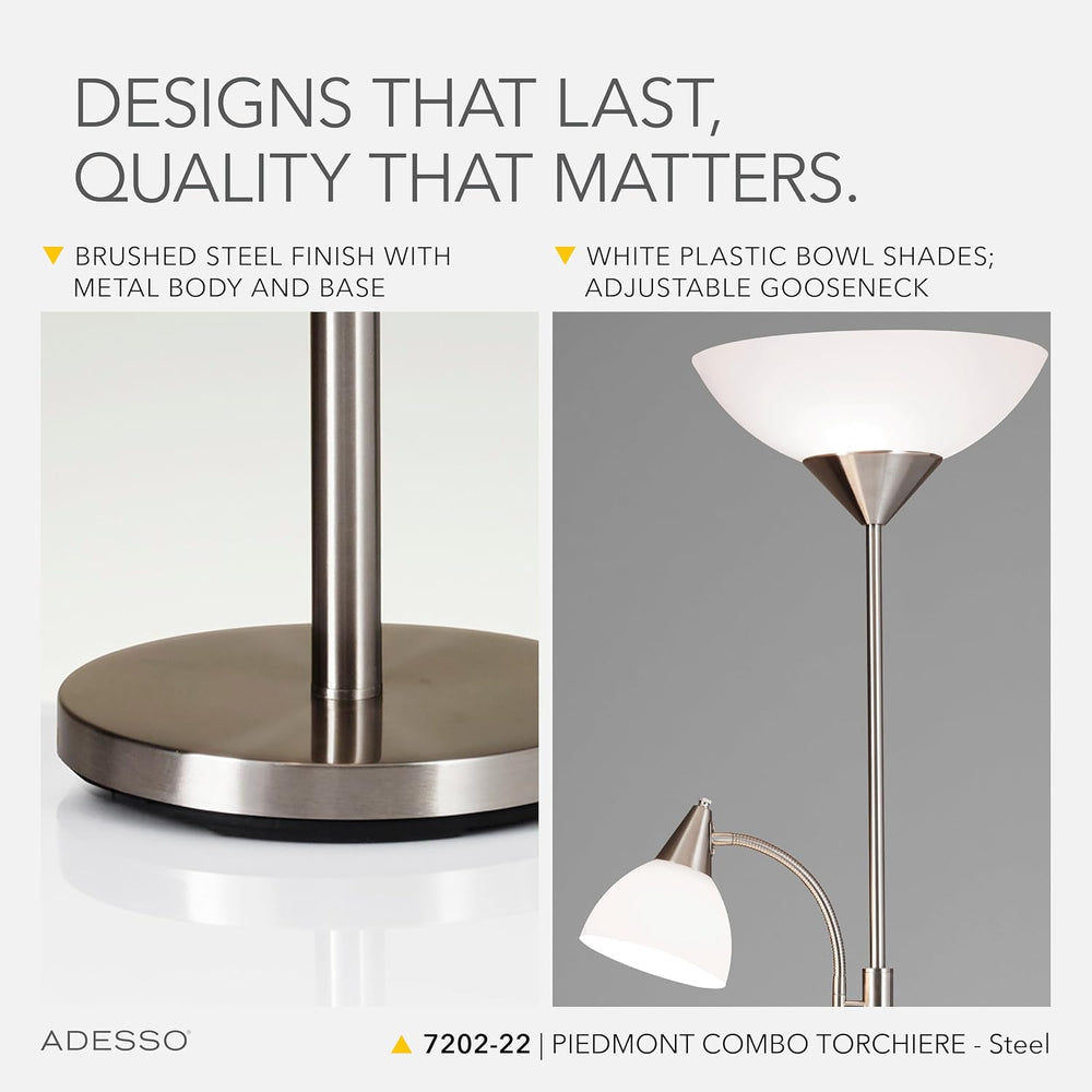 Adesso Floor Lamp, Brushed Steel, Dual-Socket, Adjustable Reading Light 71”