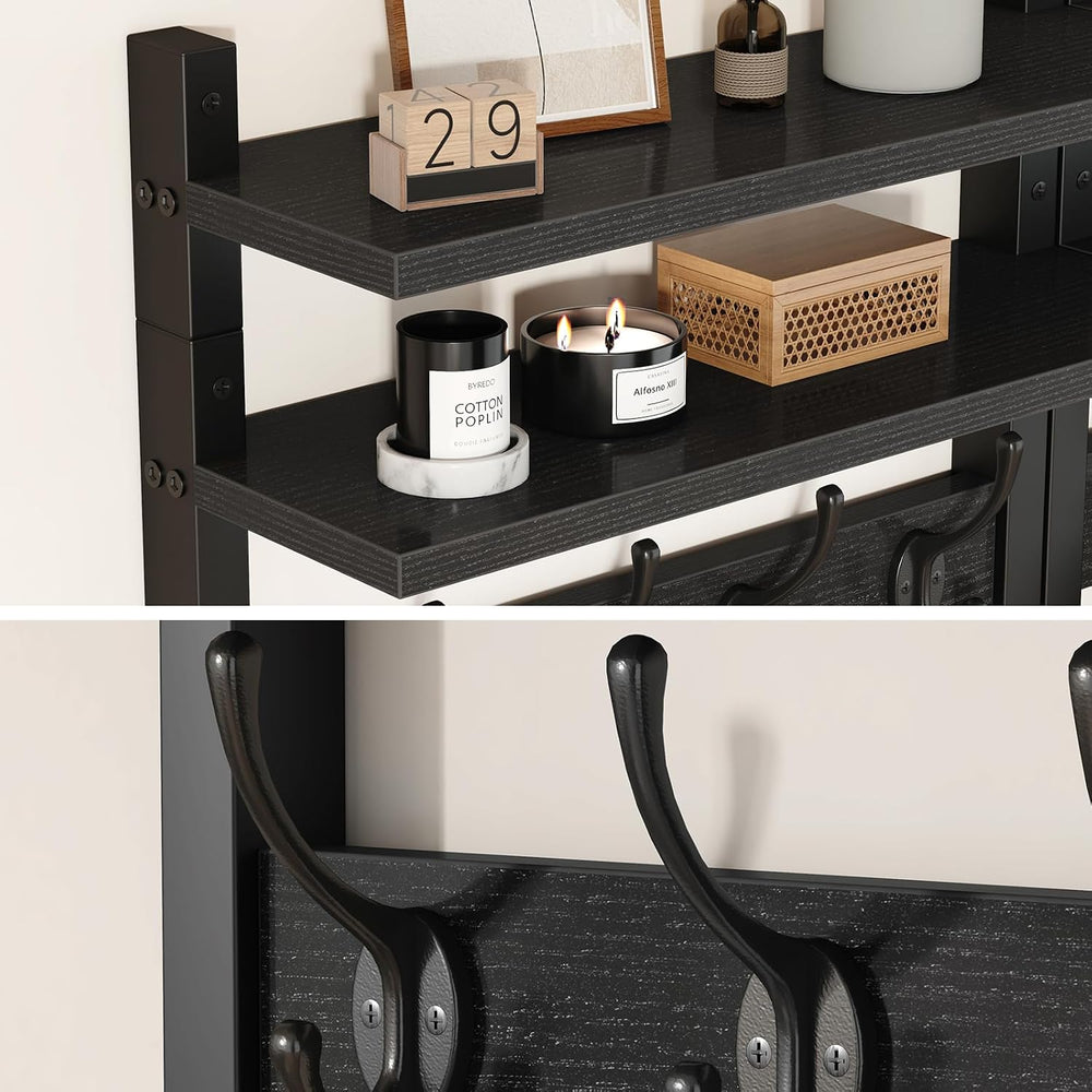 YMYNY Double Shelf Coat Rack Wall Mount with 8 Hooks, Black HWS009B-2
