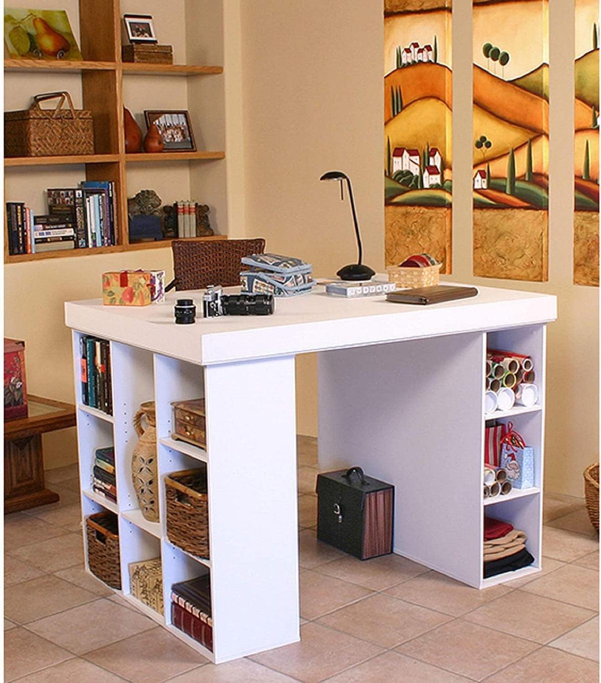 project center desk with bookcase and 3 bin shown in use