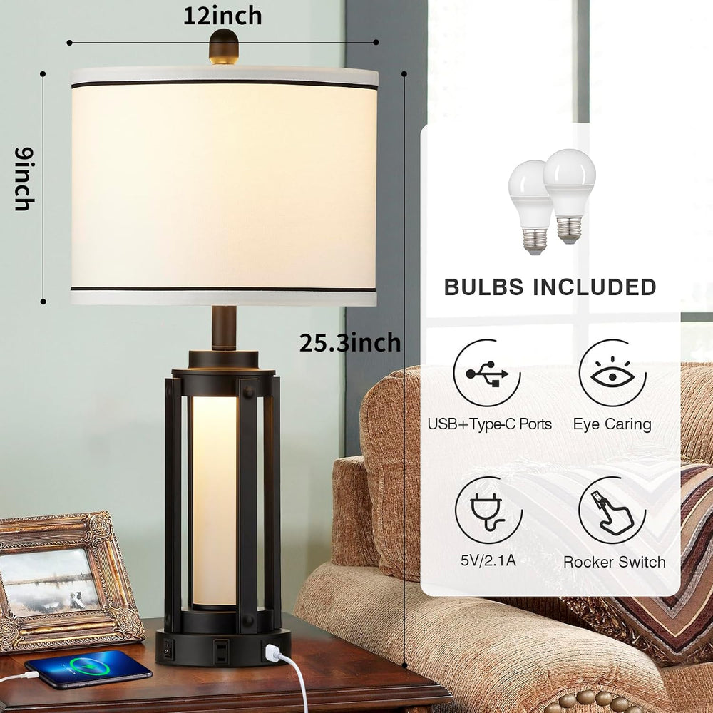 25" Modern Table Lamps Set of 2, Industrial Beside Lamps with USB A+C Ch...