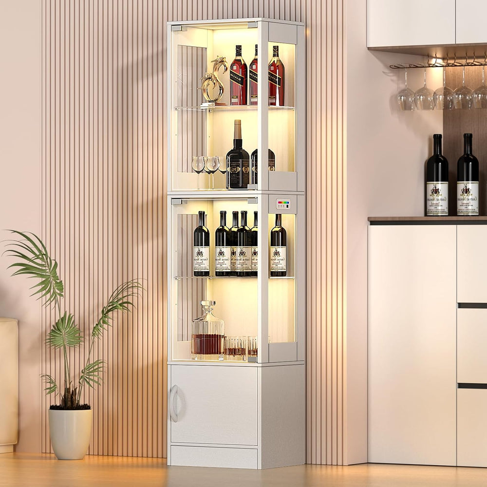 Display Cabinet with Glass Doors, RGB Lighting & Bottom Storage, White