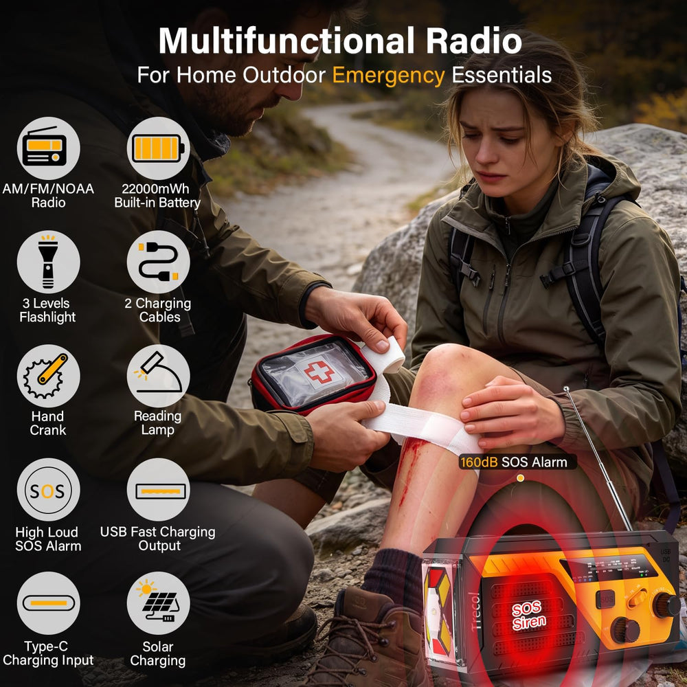 Emergency Radio Solar with 2 Charging Cables, 22000mWh NOAA Weather Radio