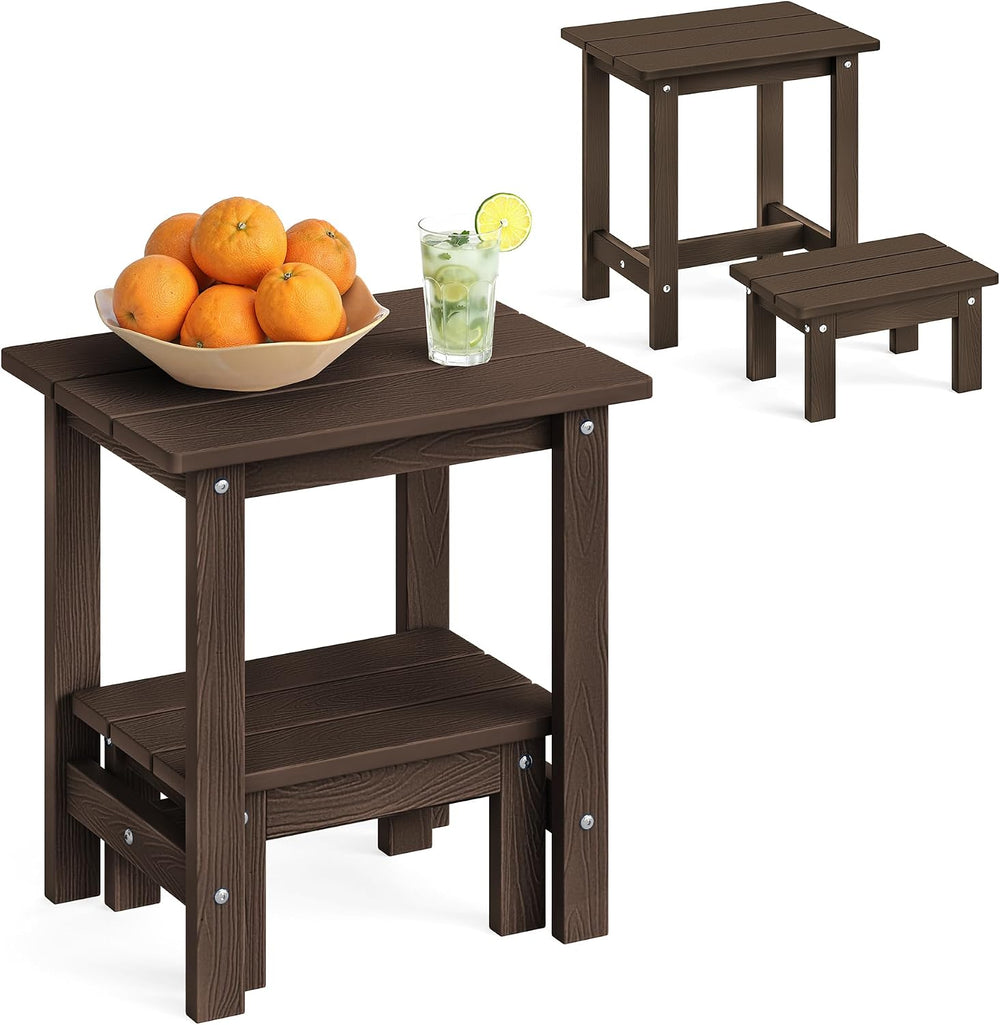 LUE BONA Small Outdoor Side Table with Removable Footstool for Patio, Brown
