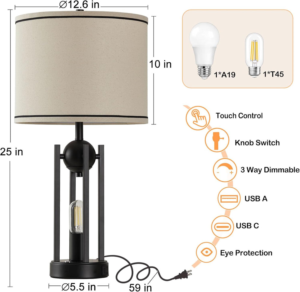 Upgraded Dual-Light Table Lamp Set of 2, USB C+A Ports-Black 25''