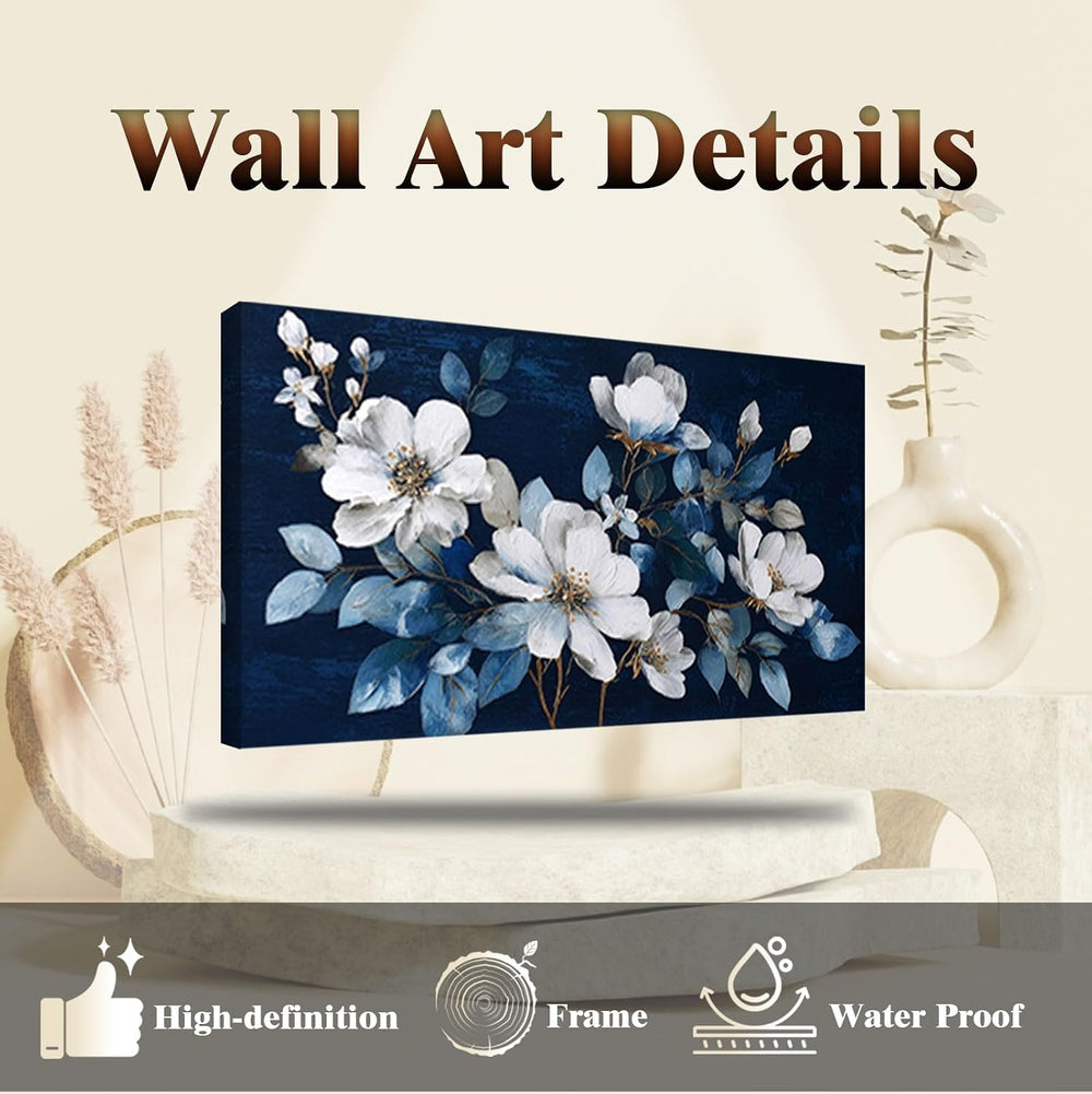 JLXART Framed Large Flower Canvas Wall Art Modern White Floral with Blue Back...
