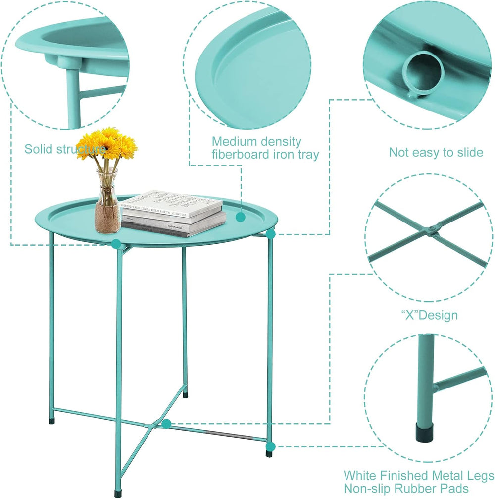 Garden 4 you End Table Metal Side Table Green Round Folding Tray Cyan Sofa Sm...