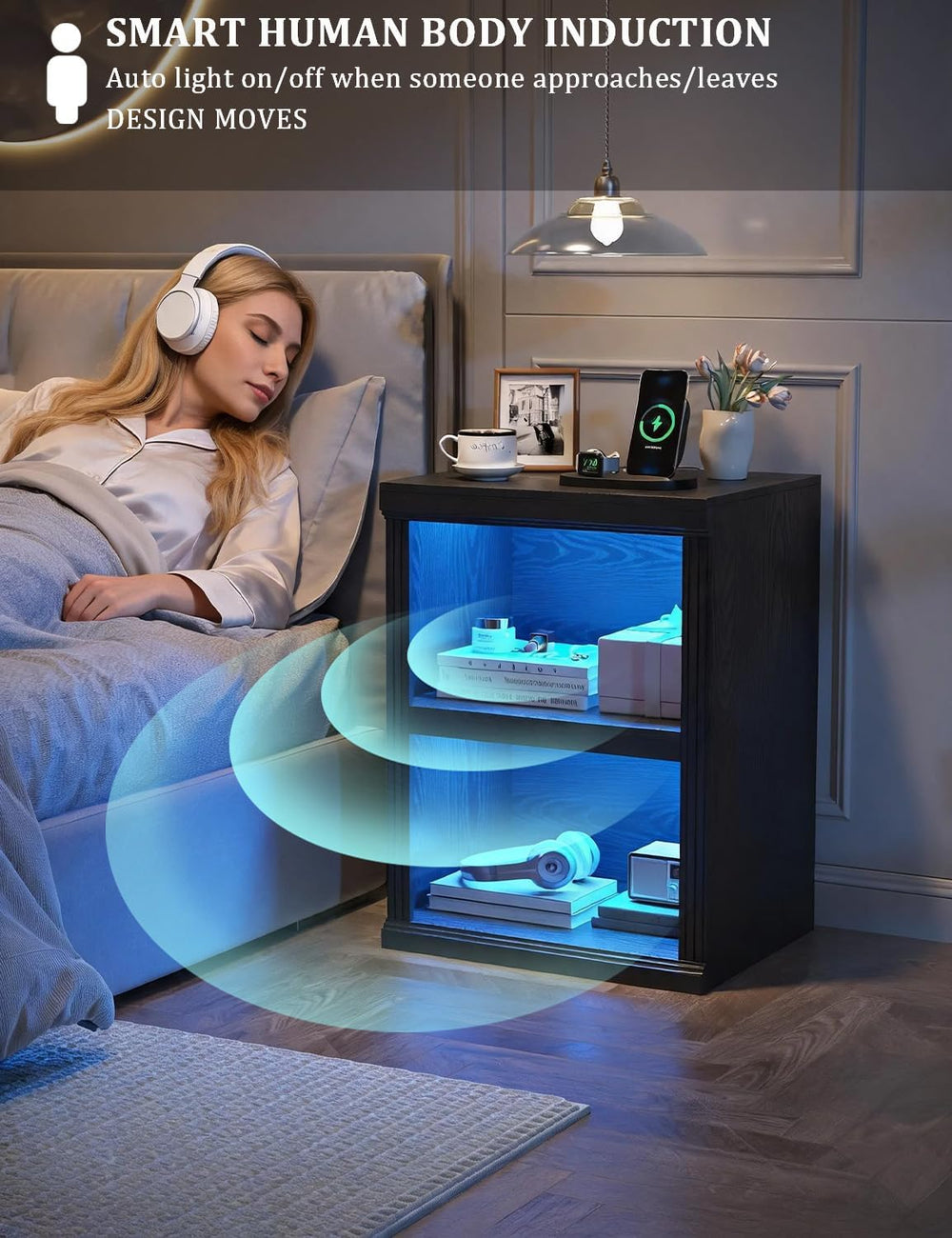 LED Nightstand with Charging Station, 2-Tier Bookcase, Black