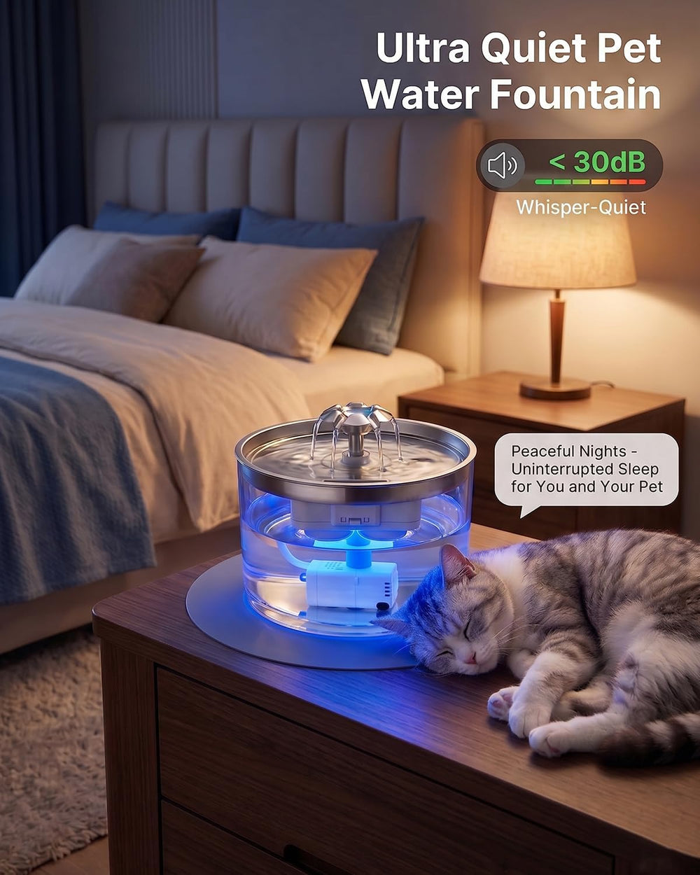 2.8L/95oz Glass Cat Water Fountain with Stainless Steel Lid