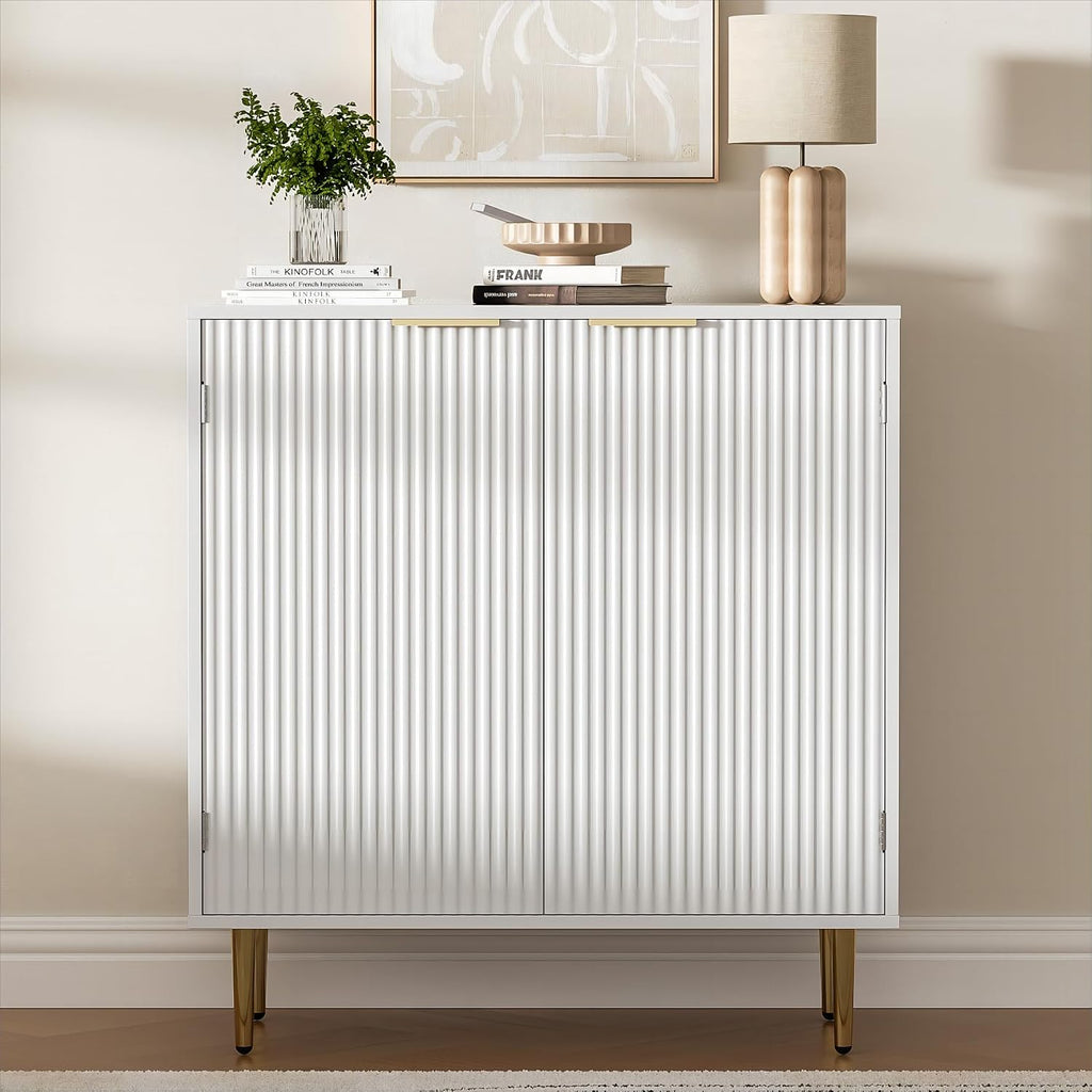 Housoul Fluted Buffet Sideboard Storage Cabinet with 2 Doors, White