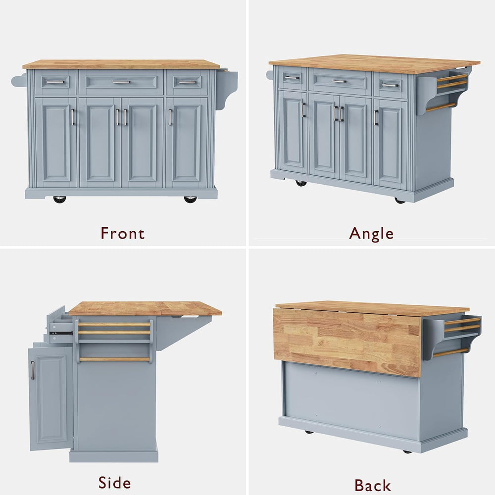 Rolling Kitchen Island Cart with Storage Cabinet & Drop Leaf, Grey Blue