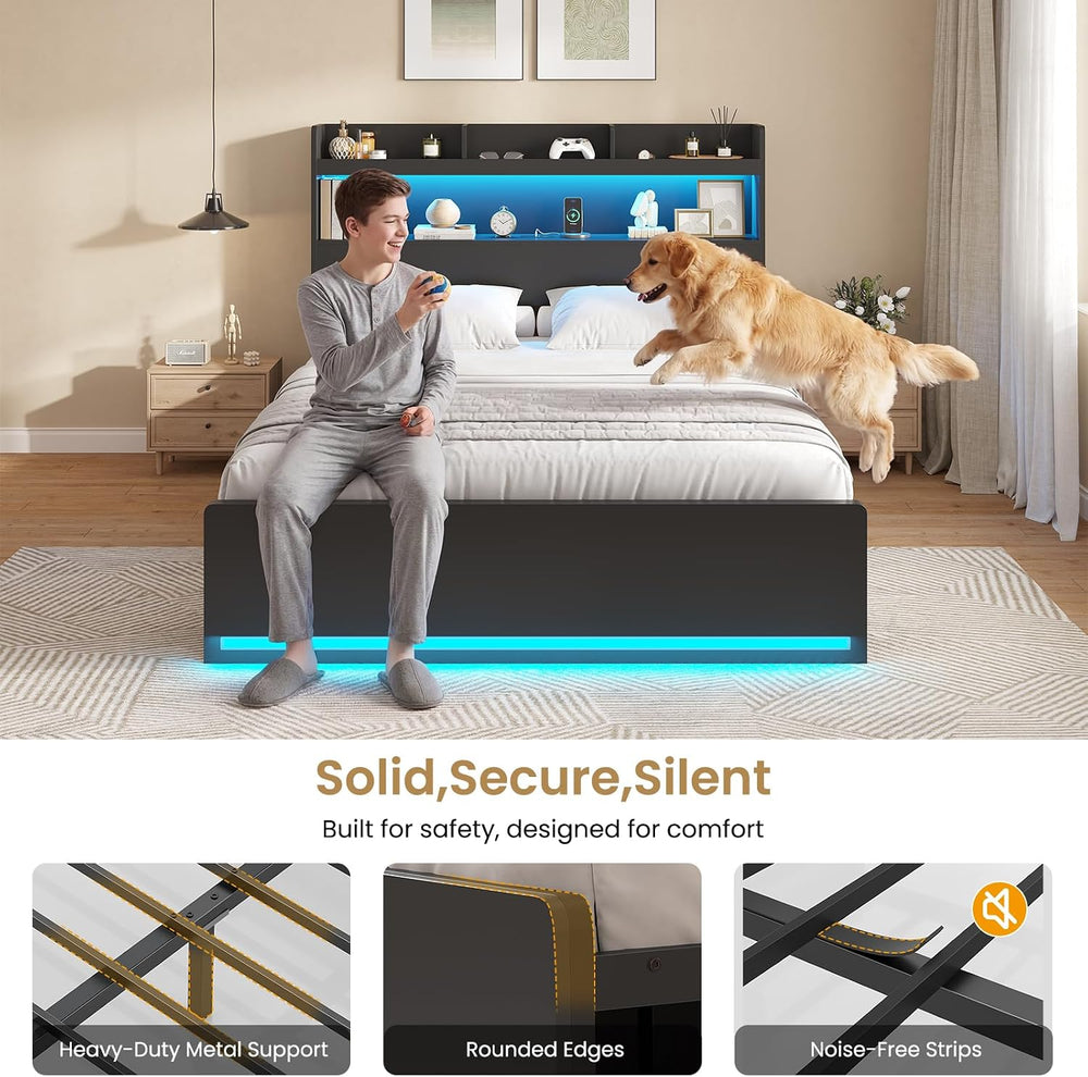 DICTAC Full Bed Frame with Storage Headboard & 5 Drawers, LED Bed Frame F...