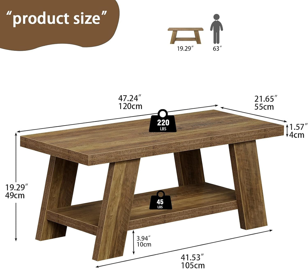 Tohomeor 47.24" Coffee Table for Living Room, Farmhouse Wooden Coffee Ta...