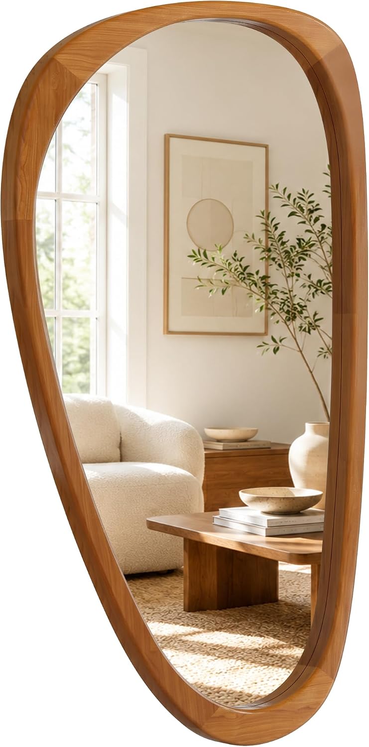 Solid Wood 48"x24" Warm Walnut Large Organic Irregular Wall Mirror