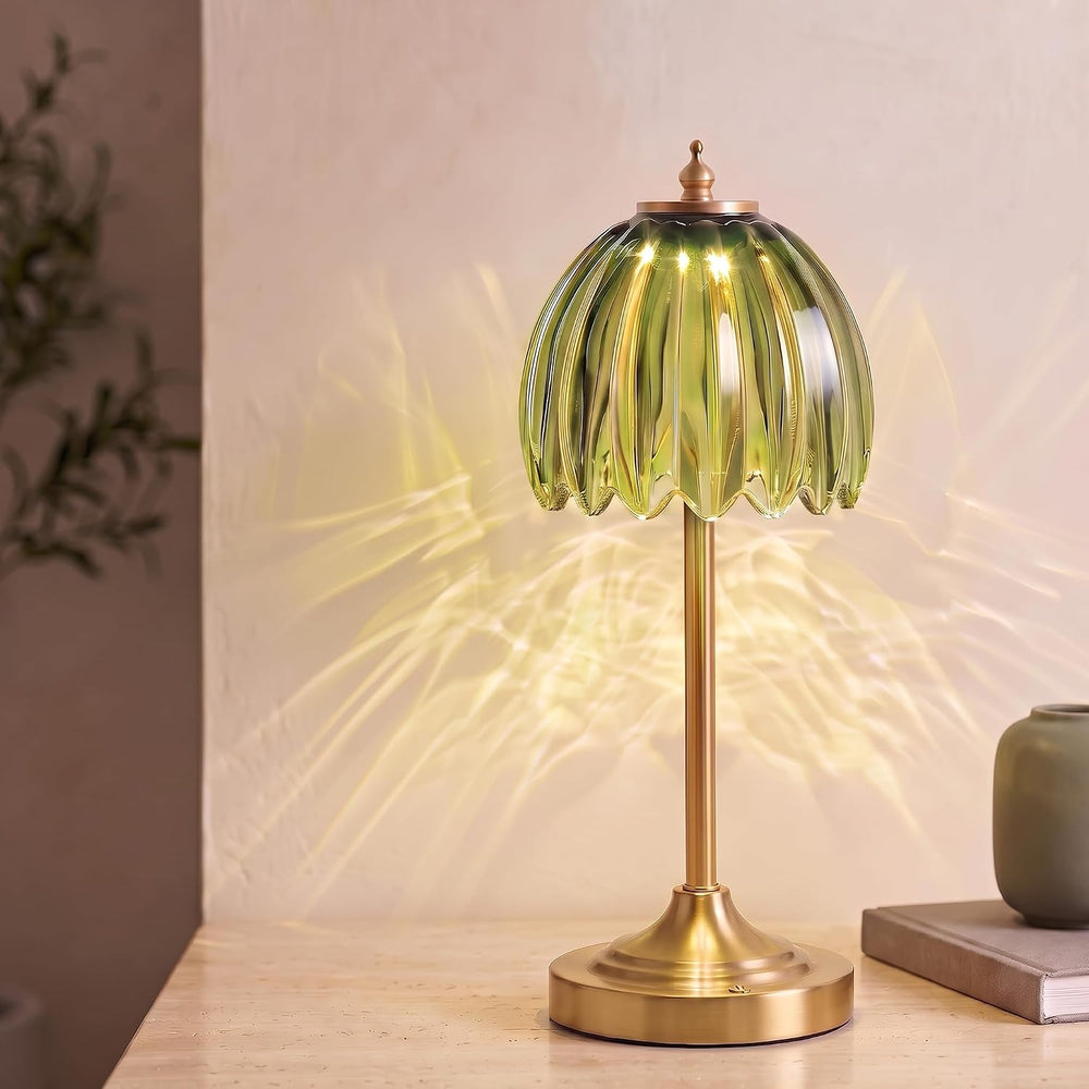 Tulip Glass Rechargeable Table Lamp, Floral Cordless Table Light(Green)
