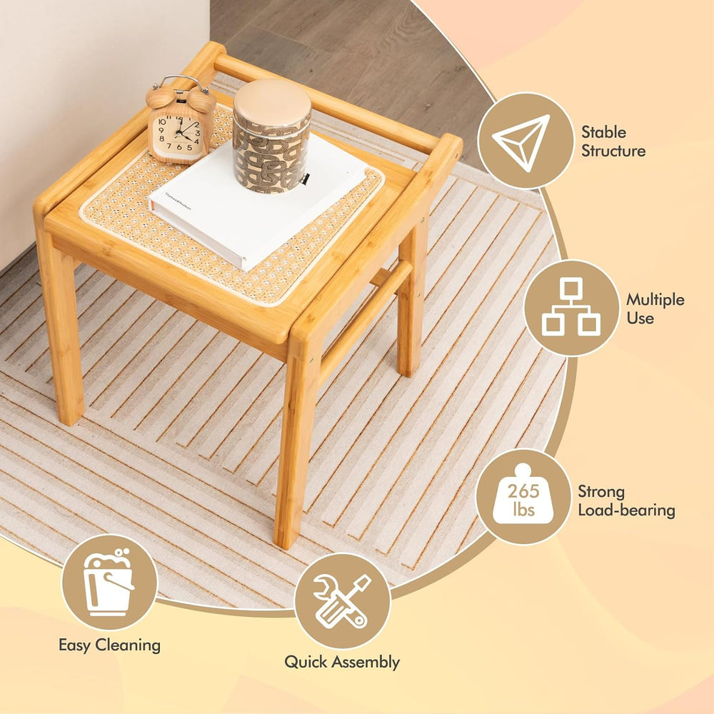 CHARMAID Vanity Stool, Bamboo Ottoman Foot Rest with Rattan Seat, Anti-Slip F...
