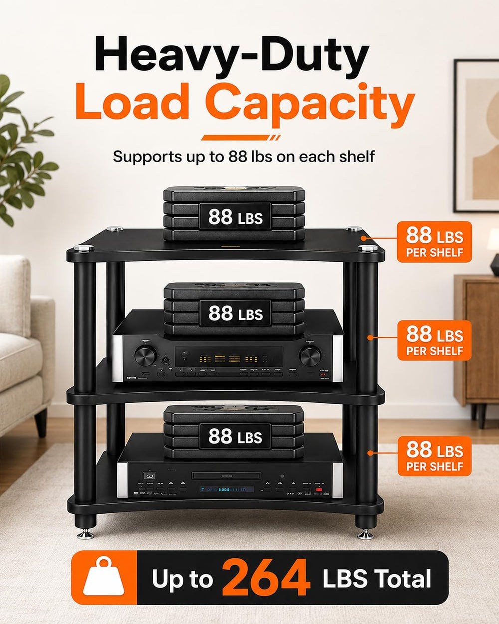 Heavy Duty 3-Tier AV Media Stand, 264 lb Load Capacity, Black