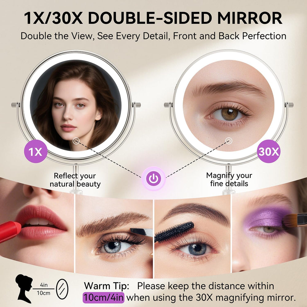Auxmir 9" 1X/30X Lighted Makeup Mirror, Rechargeable Maginfying Mirror