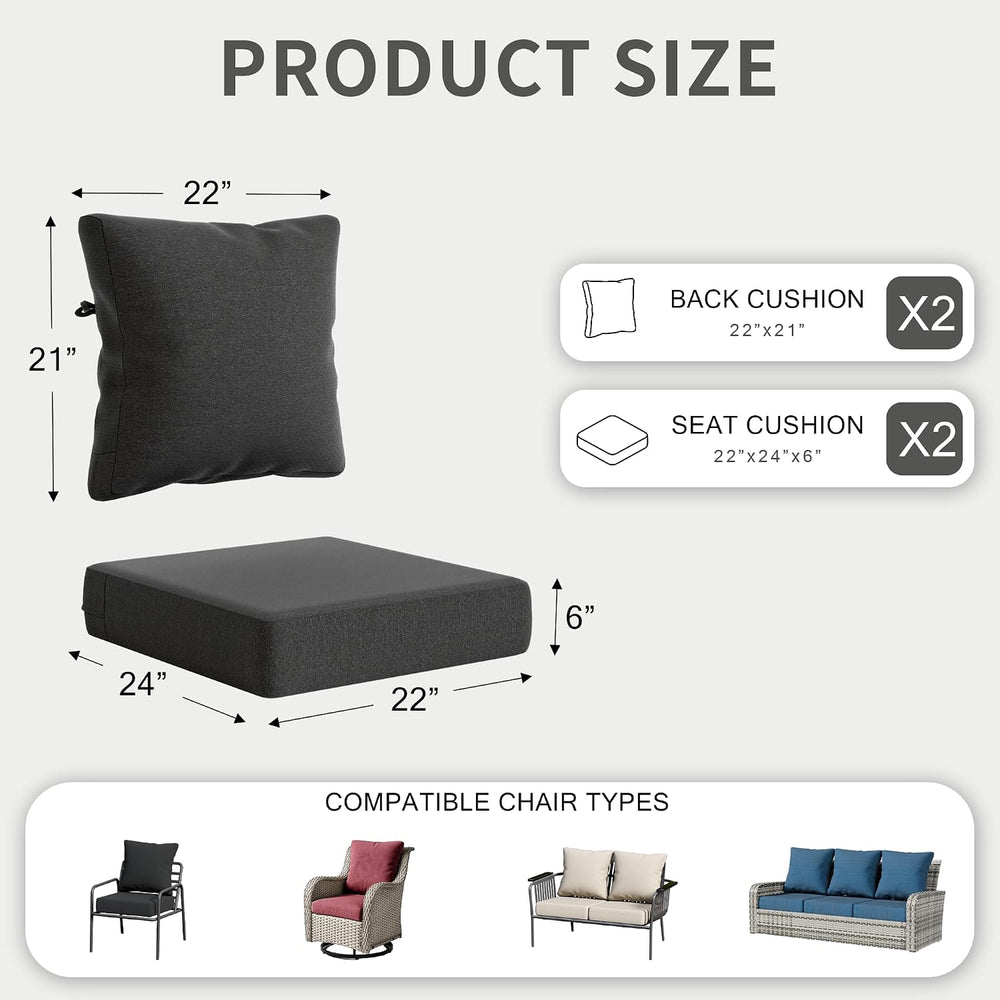 Outdoor Deep Seat Chair Cushions Set of 2, 22x24x6 Inch