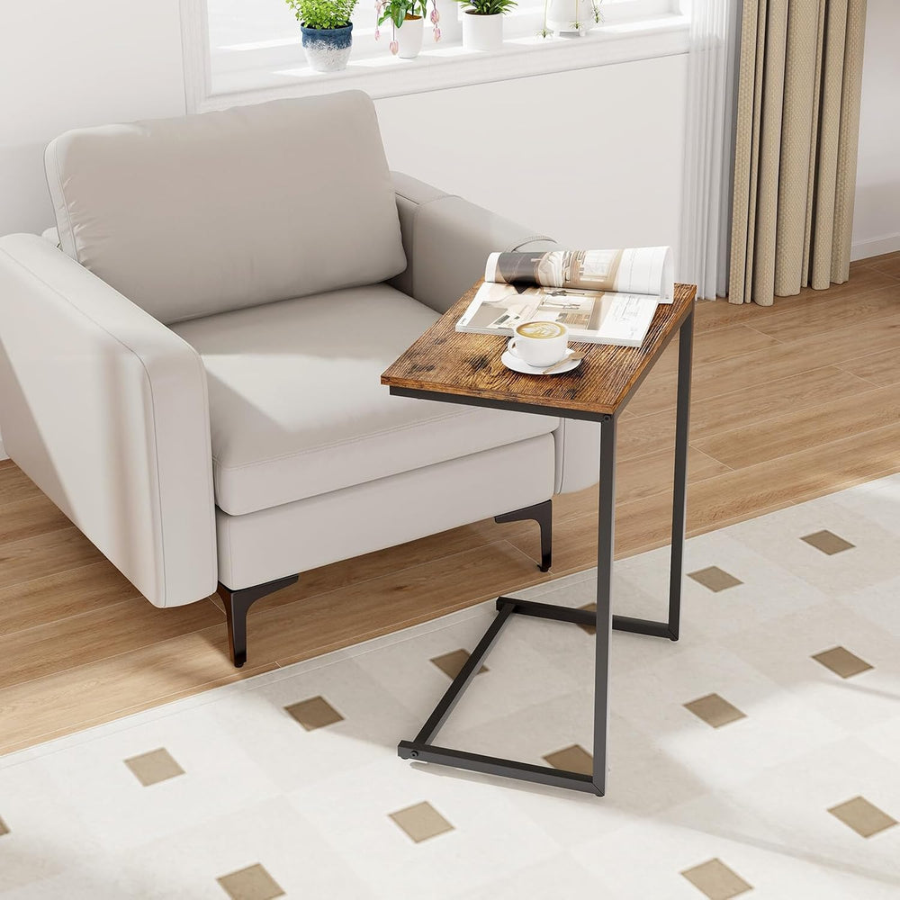 Tangkula C-Shaped End Table Set of 2, Rustic Brown