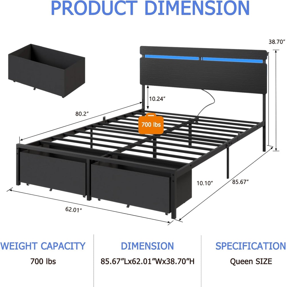 Forestell Queen Bed Frame with Wood Headboard,2 Storage Drawers & Shelf