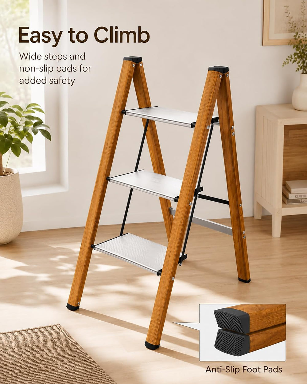 3 Step Ladder Lightweight Aluminum Folding Step Stool SilverWoodgrain