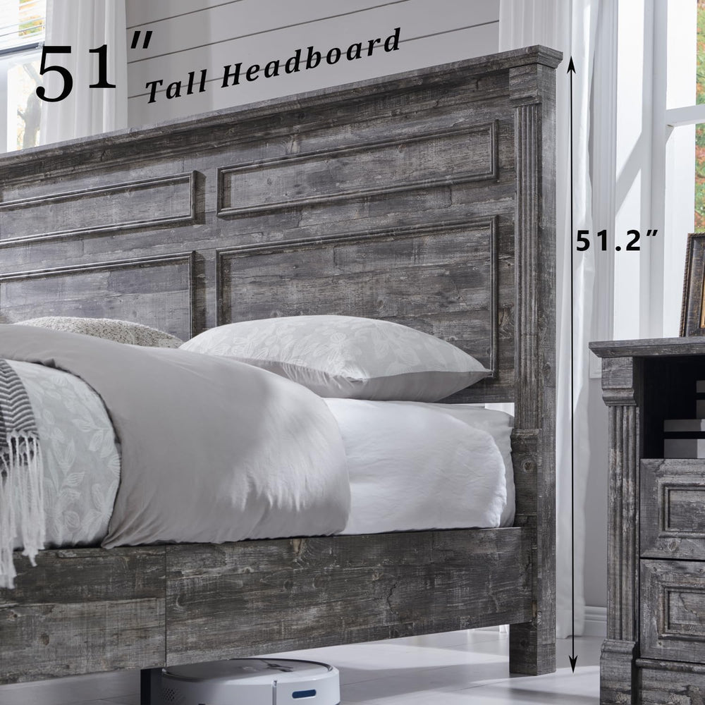 Aitjunz Farmhouse King Size Bed Frame w/51 Tall Headboard, Light Grey