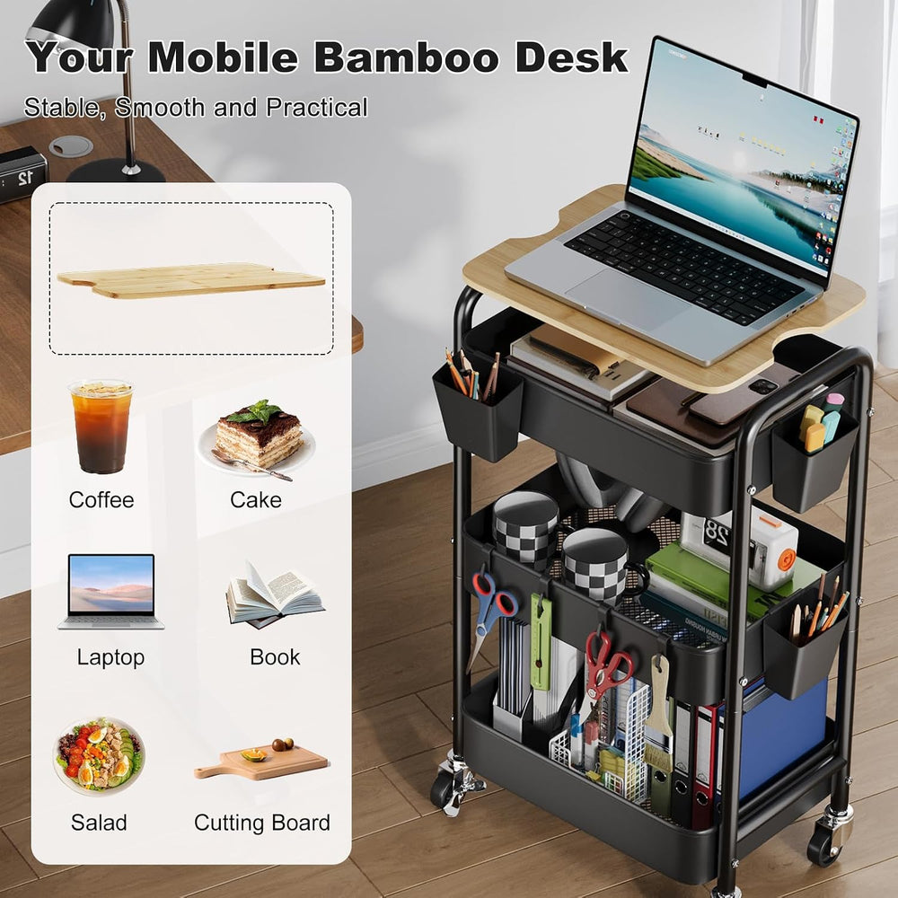 3 Tier Storage Rolling Cart with Wood Table Top on Lockable Wheels（Black）