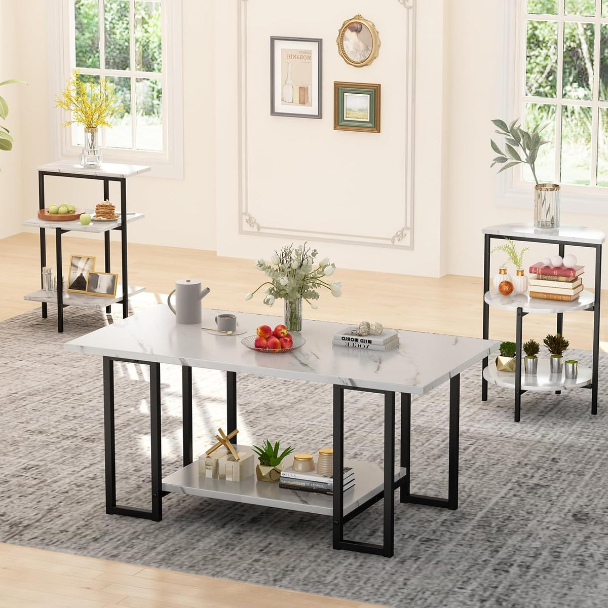 AWQM Coffee Table Set, Faux Marble Table & 2 Side Table, White & Black | 3 Piece Coffee Table Set, Modern Design, Metal Frame, Modern Living Room Table Set, For Office, Living Room & Apartment