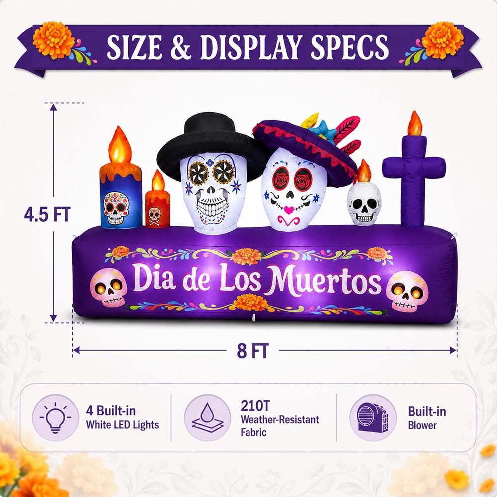 8FT Dia de Los Muertos Inflatable Decorations, 6FT Tall Day of the Dead Infla...
