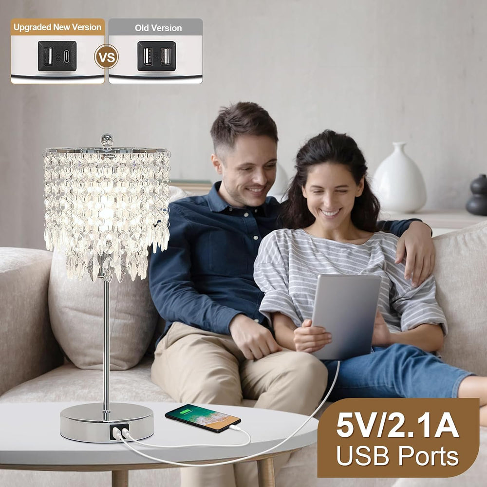 Crystal Table Lamp Set of 2 Touch Control, Crystal Lamps with USB Ports Elega...