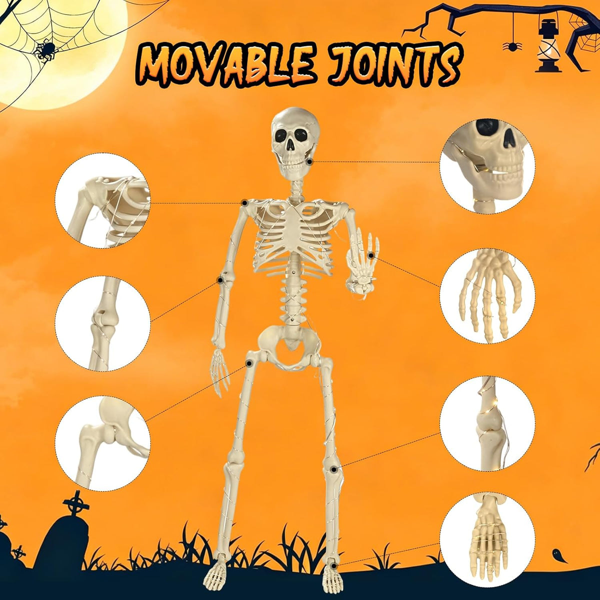 HBSTK 2 Pack 36 Inches 300 LED Light Up Halloween Skeleton Full Body Posable Movable Jonints for Halloween Decoration Décor