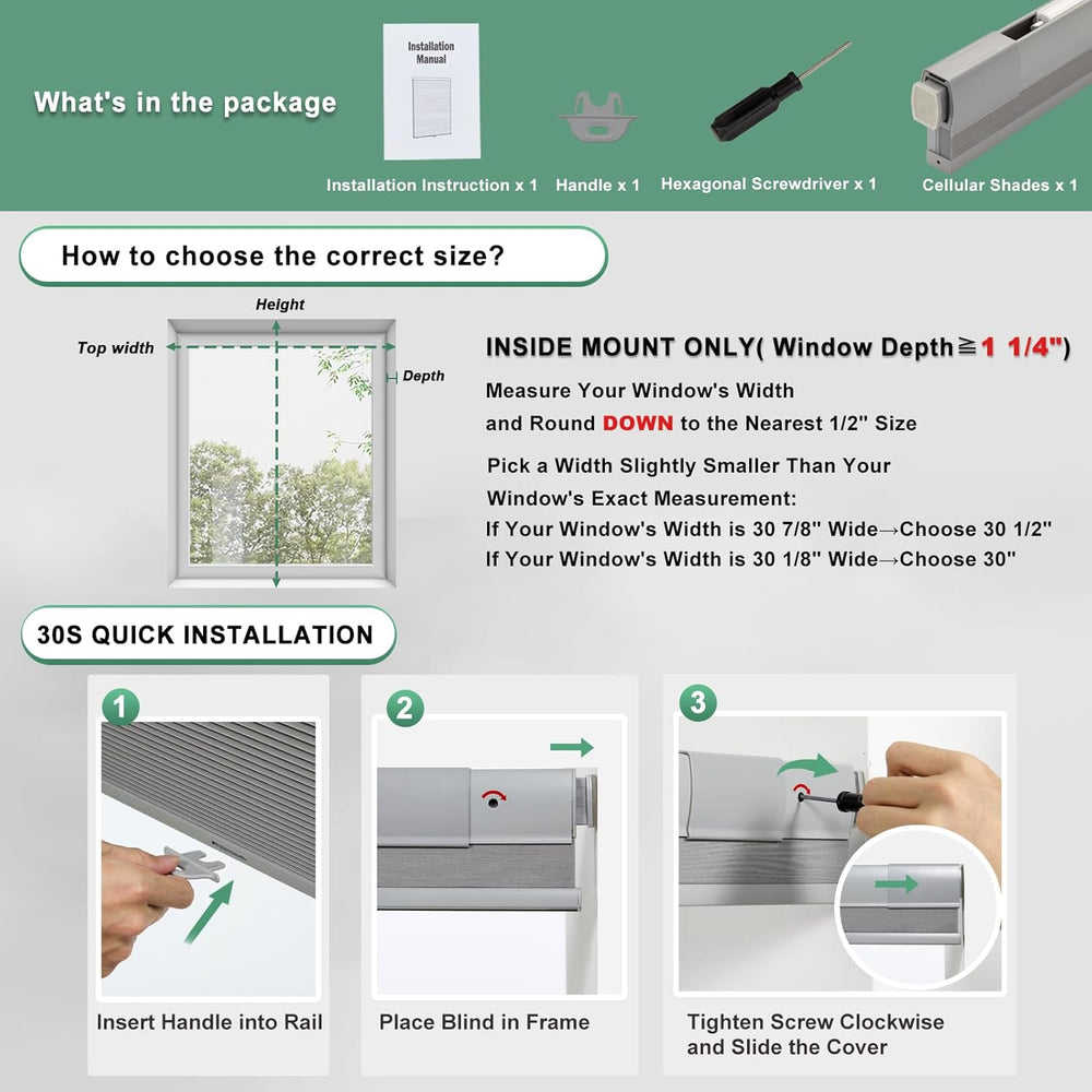 Tonature No Drill Cellular Shades for Indoor Windows, Thermal Insulating &amp...