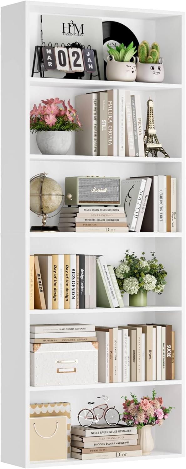 FOTOSOK 6-Tier Open Bookcase and Bookshelf, Freestanding Display Storage Shelves Tall Bookcase for Bedroom, Living Room and Office, White