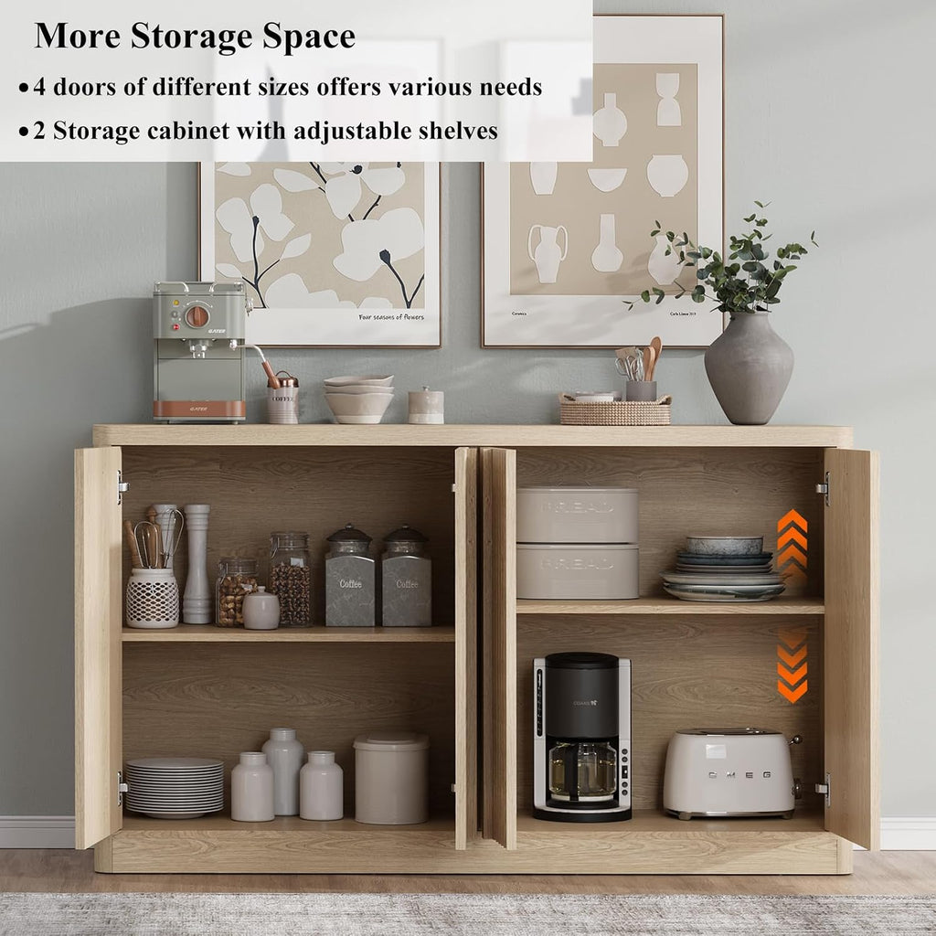 Fluted Buffet Cabinet with Storage, 60" Sideboard Buffet Storage Cabinet with 4 Doors & Adjustable Shelves, Wood Coffee Bar Credenza Storage Cabinet for Kitchen, Living Room, Natural Oak(1PCS)