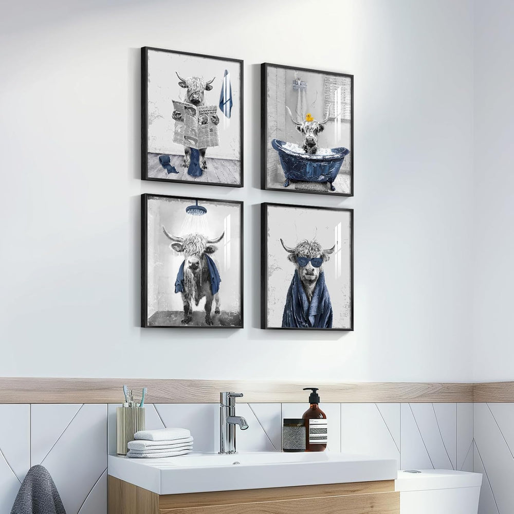 Framed Highland Cow Funny Animal Bathroom Wall Art, 4 Piece 8x10 In