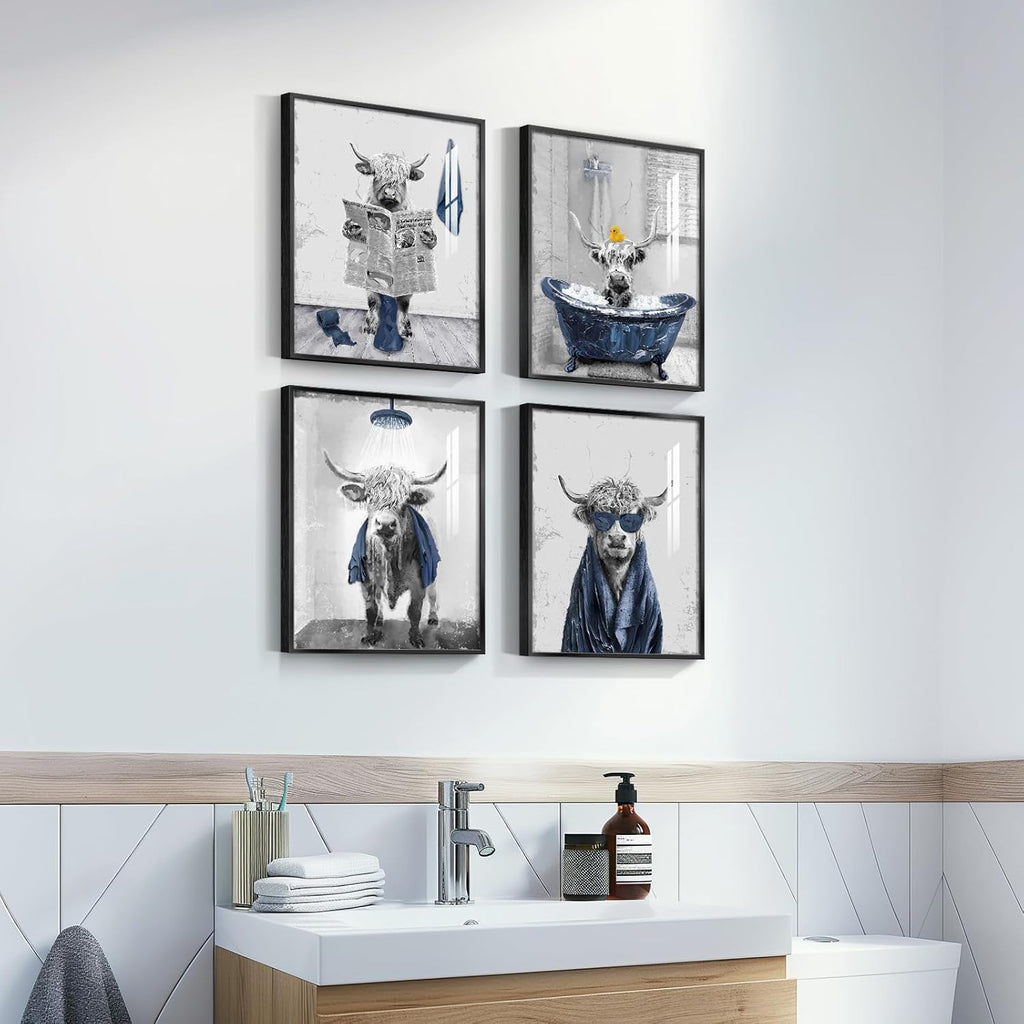 Framed Highland Cow Funny Animal Bathroom Wall Art, 4 Piece 8x10 In