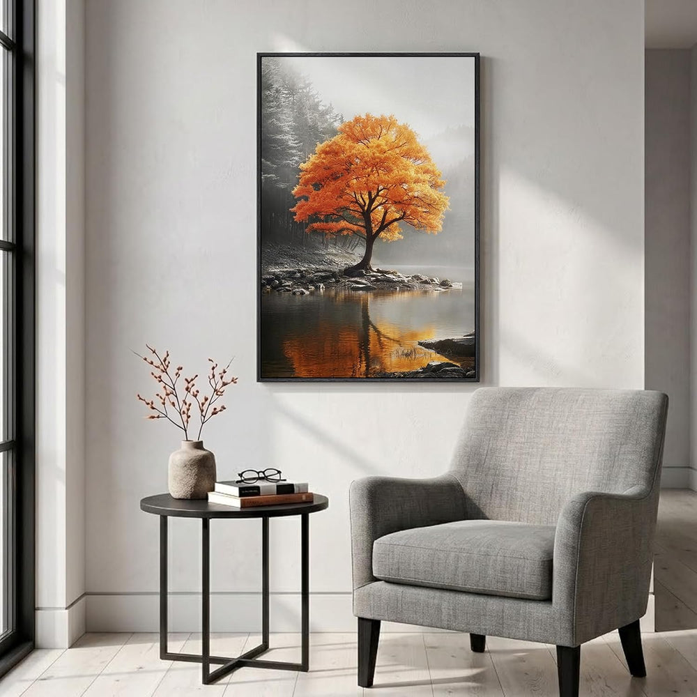 Framed Orange and Grey Fall Tree Forest Lake Landscape Wall Art, 24x36 In