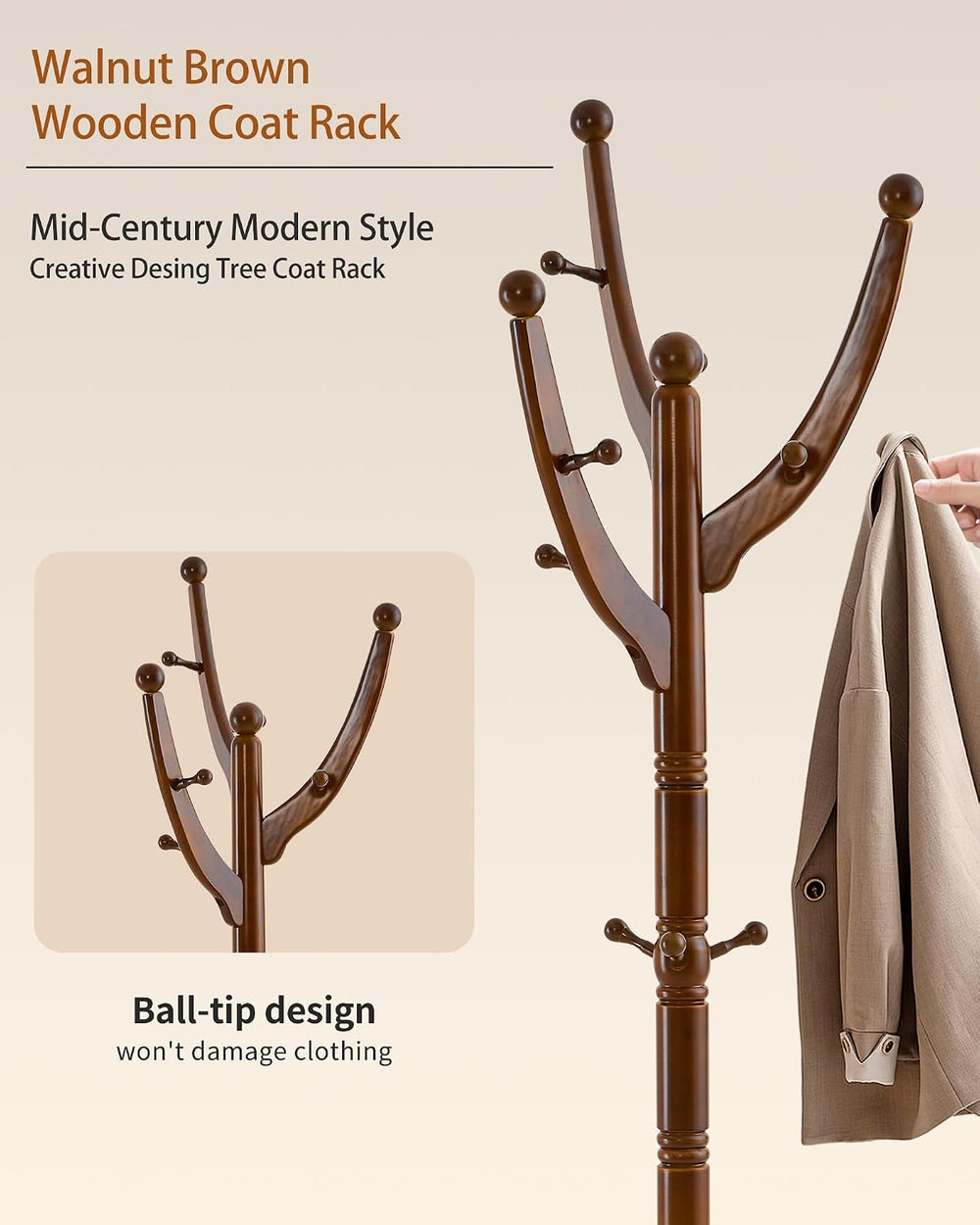 Coat Rack Freestanding,Solid Wood Coat Hall Tree with 13 Hooks