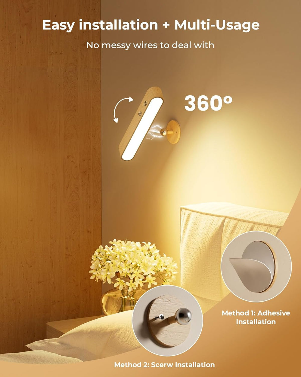 PopoIron Rechargeable LED Wall Sconces Set of Two,Wall Lights for Bedroom wit...