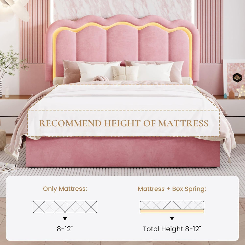 SHA CERLIN Queen Size Bed Frame with LED Lights and Storage Drawer, Pink