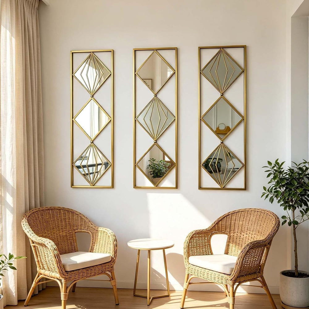 Set of 3 Gold Wall Mirrors, Large Geometric Decorative Mirrors with Metal Fra...