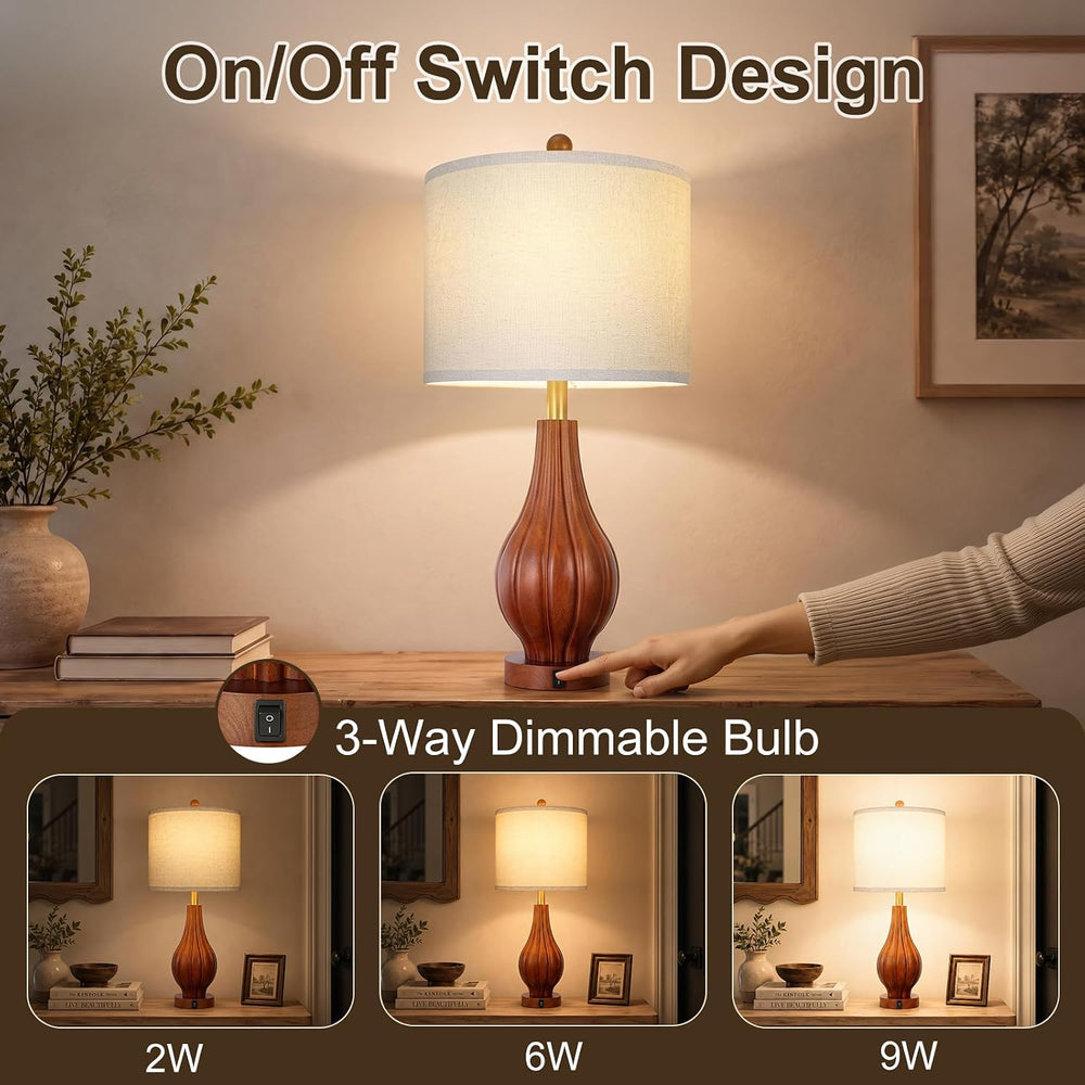 Scenekoy 26.5" Solid Wood Table Lamp Set of 2, USB A+C, 3-Way Dimmable Lamp