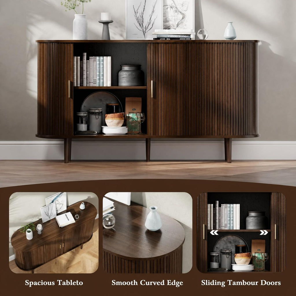 DHH Sideboard Buffet Cabinet with Storage,Mid Century Modern Fluted Accent Coffee Bar Console Table,Tambour Sliding Doors& Adjustable Shelf for Kitchen, Living Room, Entryway(Walnut,55 Inch)