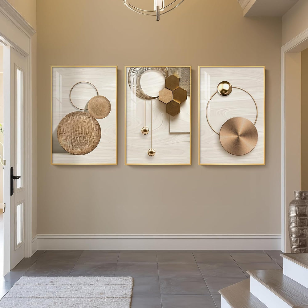 Large Framed Modern Luxury Gold Wall Art for Living Room, 3 Piece 24x36 In