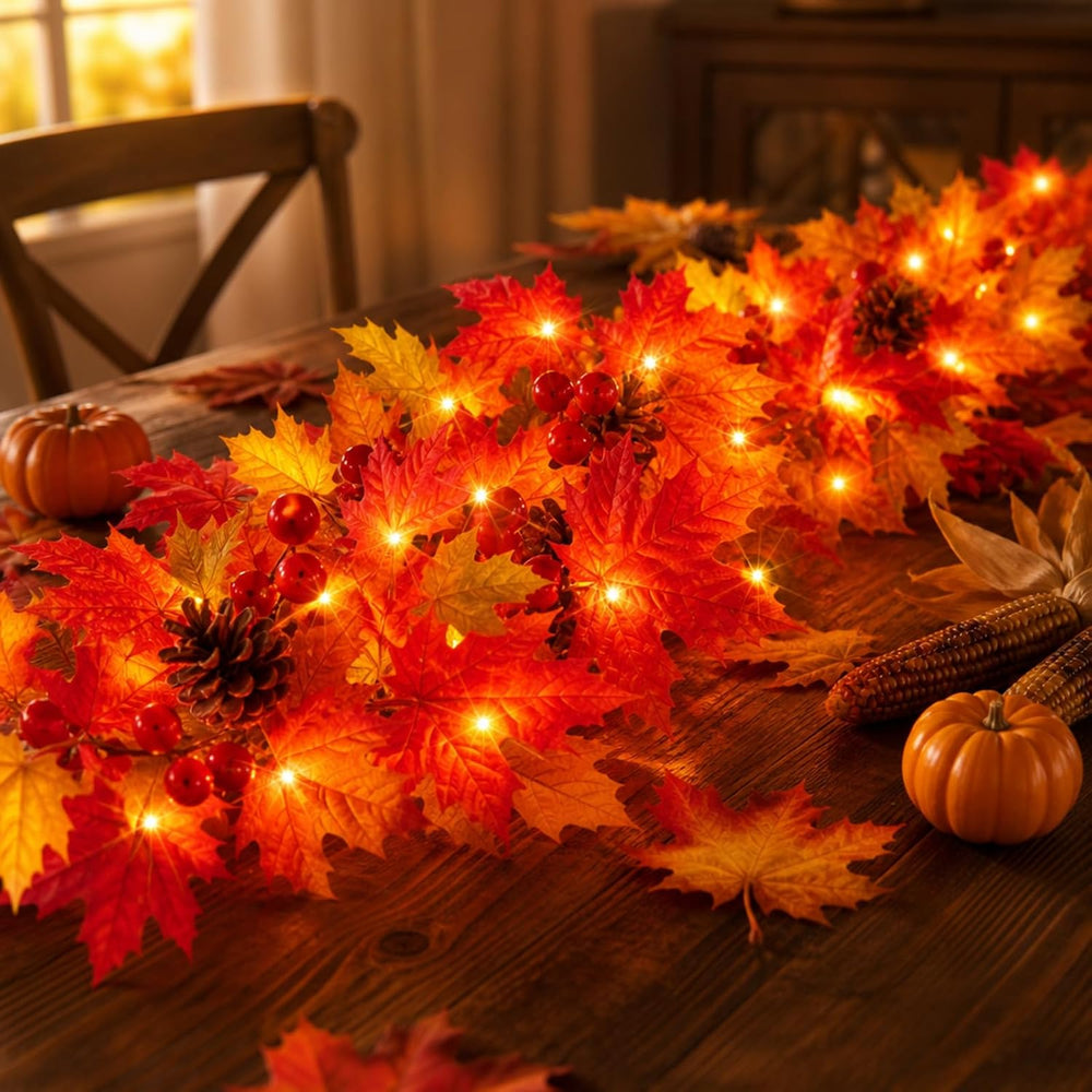 Fall Decorations Lighted Fall Garland with Pinecones and Berries, 9FT 50 Inca...
