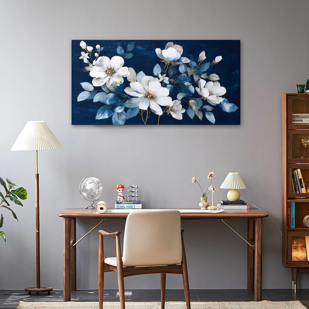 JLXART Framed Large Flower Canvas Wall Art Modern White Floral with Blue Back...