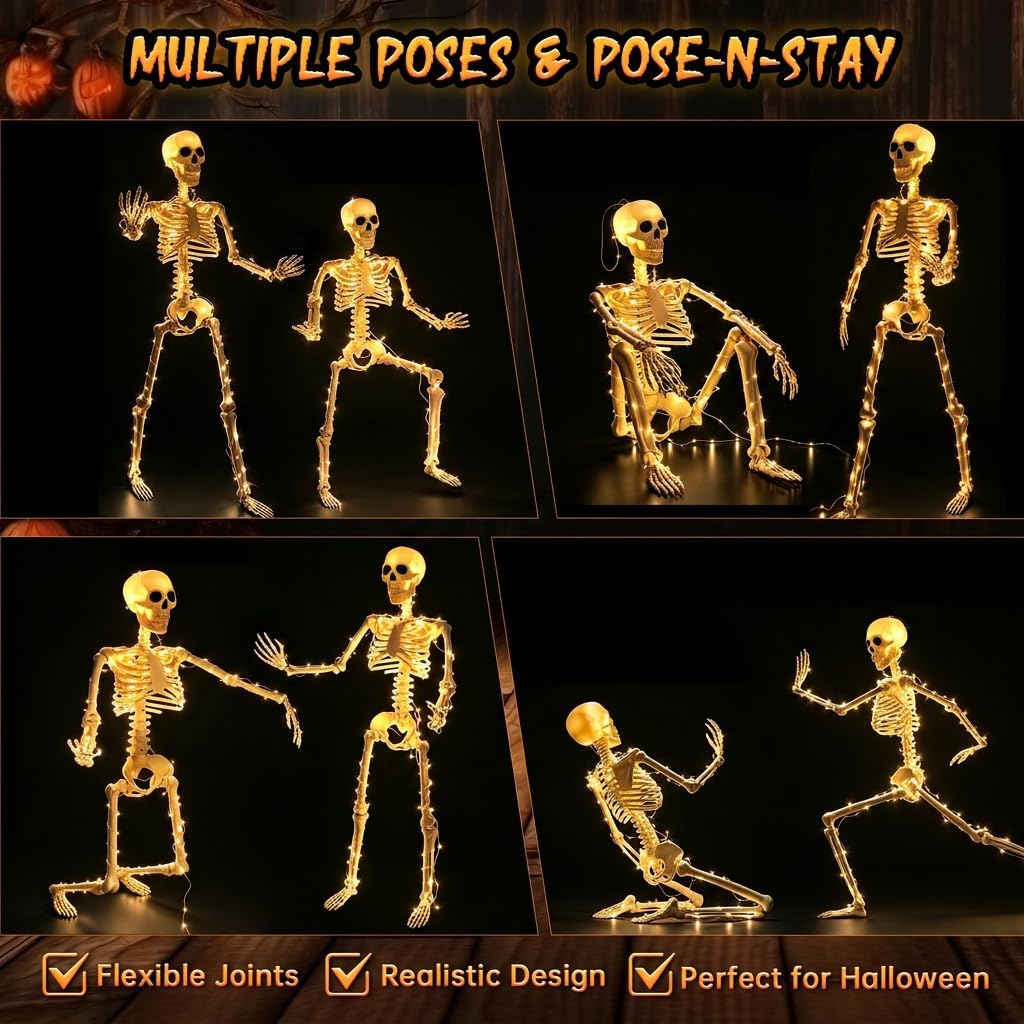 HBSTK 2 Pack 36 Inches 300 LED Light Up Halloween Skeleton Full Body Posable Movable Jonints for Halloween Decoration Décor