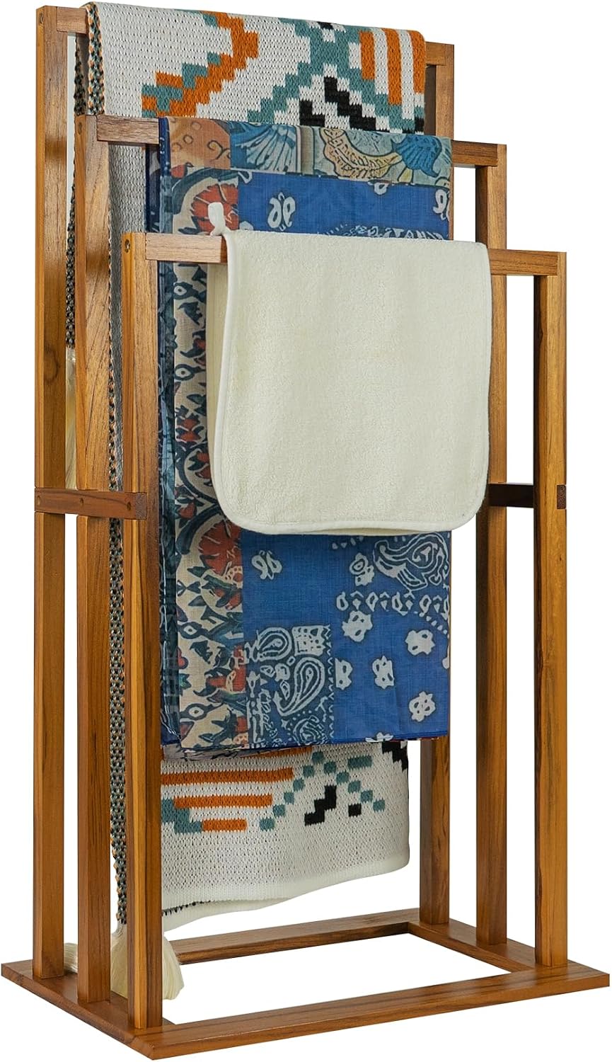 Utoplike Teak Standing Towel Rack for Bathroom, Freestanding Holder 3 Bars
